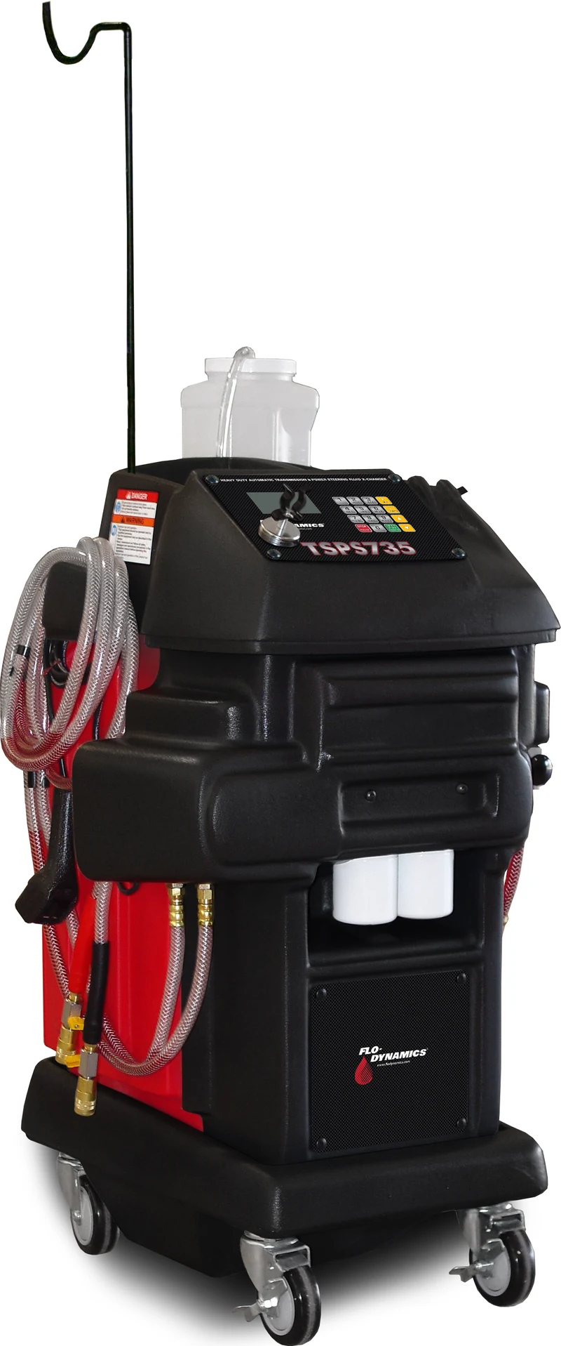 Flo-Dynamics TSPS735 transmission fluid exchanger with its control panel, service hoses and wheeled cabinet